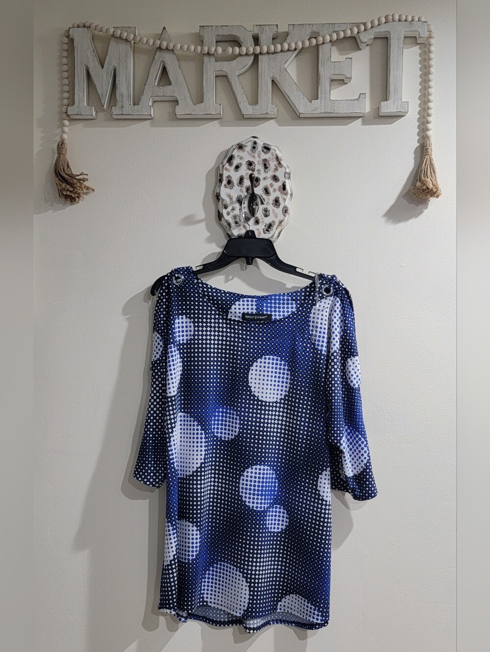 Ashley Stewart Navy and White Polka Dot Tunic Top
